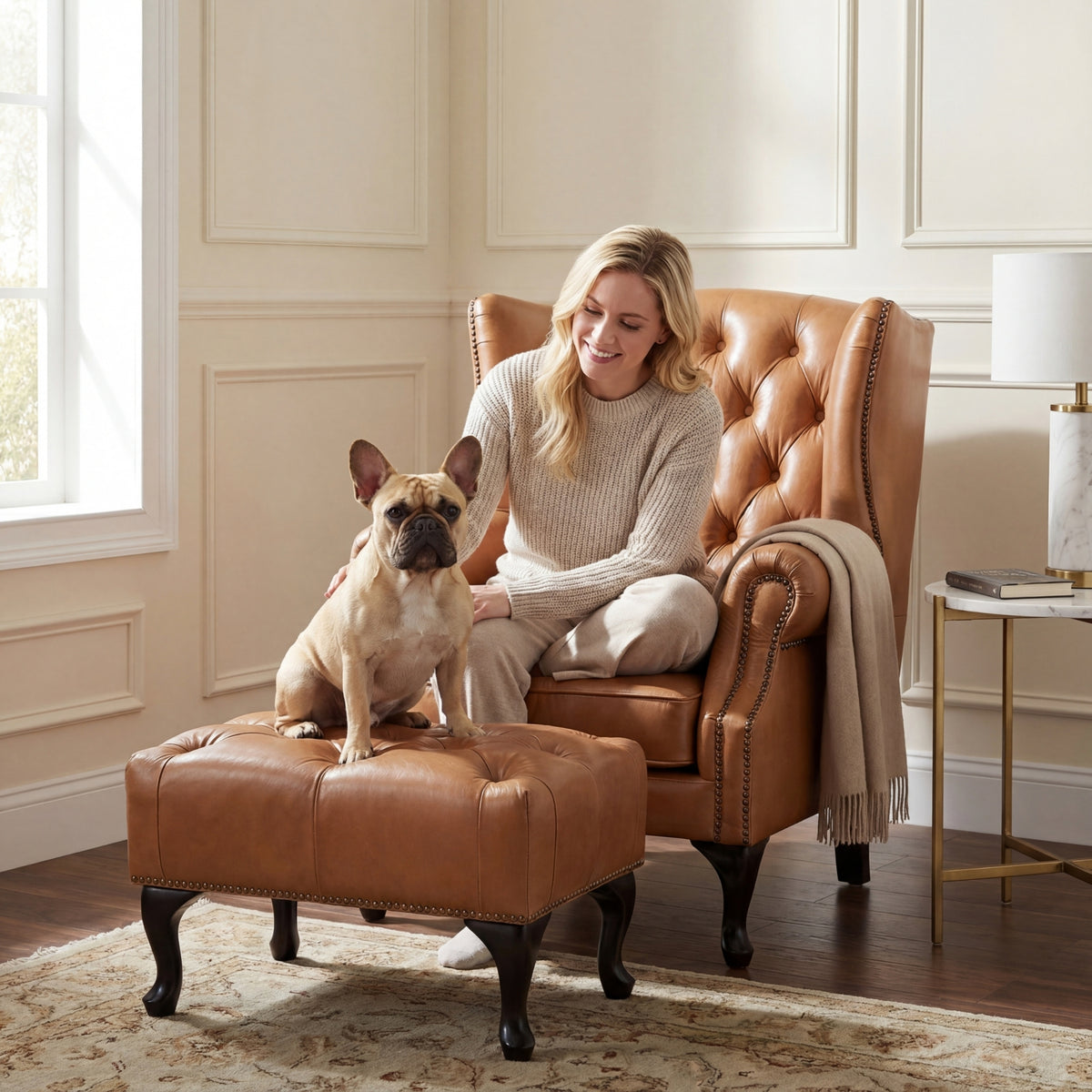 Alastair Ottoman Footstool Genuine Leather Tan