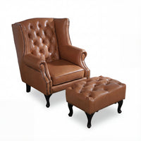 Alastair Winged Armchair Ottoman Footstool Sofa Leather Tan