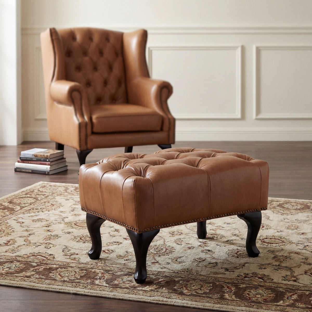 Alastair Winged Armchair Ottoman Footstool Sofa Leather Tan