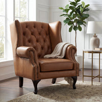 Alastair Winged Armchair Single Seater Sofa Genuine Leather Tan