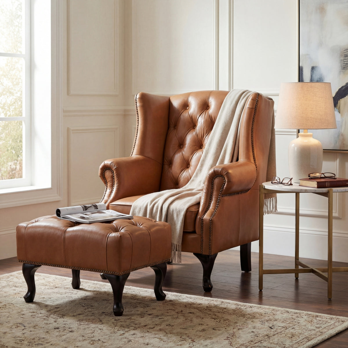 Alastair Winged Armchair Single Seater Sofa Genuine Leather Tan