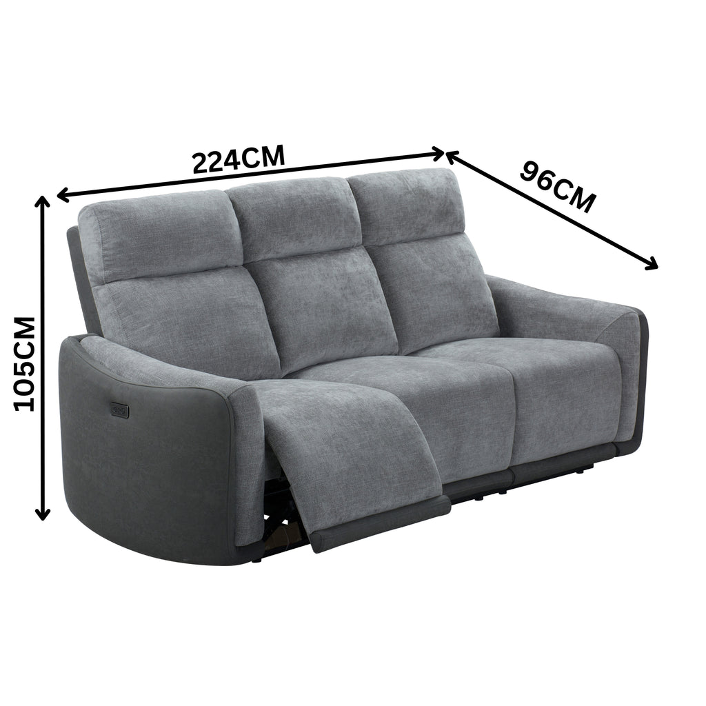 Alexios 3 Seater Fabric Electric Recliner Sofa Lounge Grey