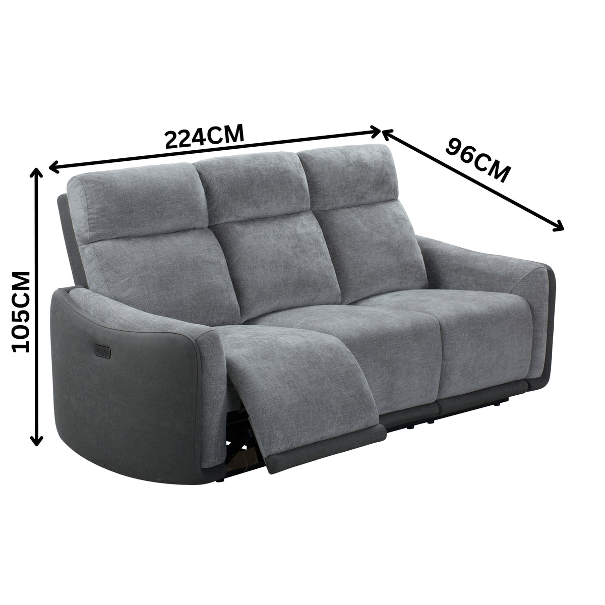 Alexios 3 Seater Fabric Electric Recliner Sofa Lounge Grey