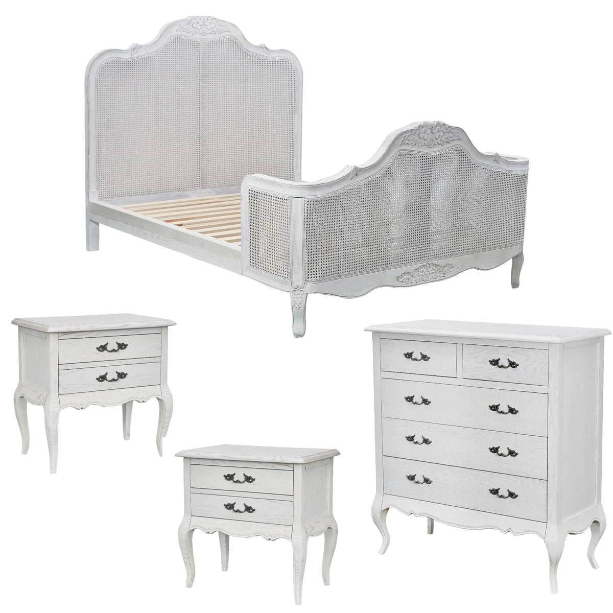 Alice 4pc Bed Frame Suite Bedside Tallboy Package White King 