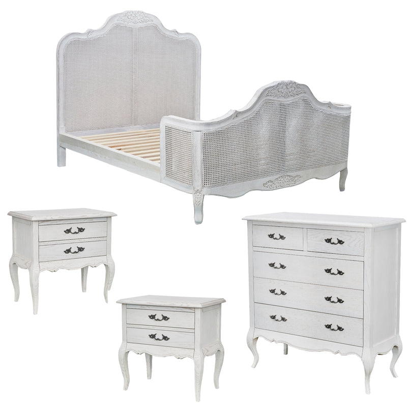 Alice 4pc Bed Frame Suite Bedside Tallboy Package White Queen 