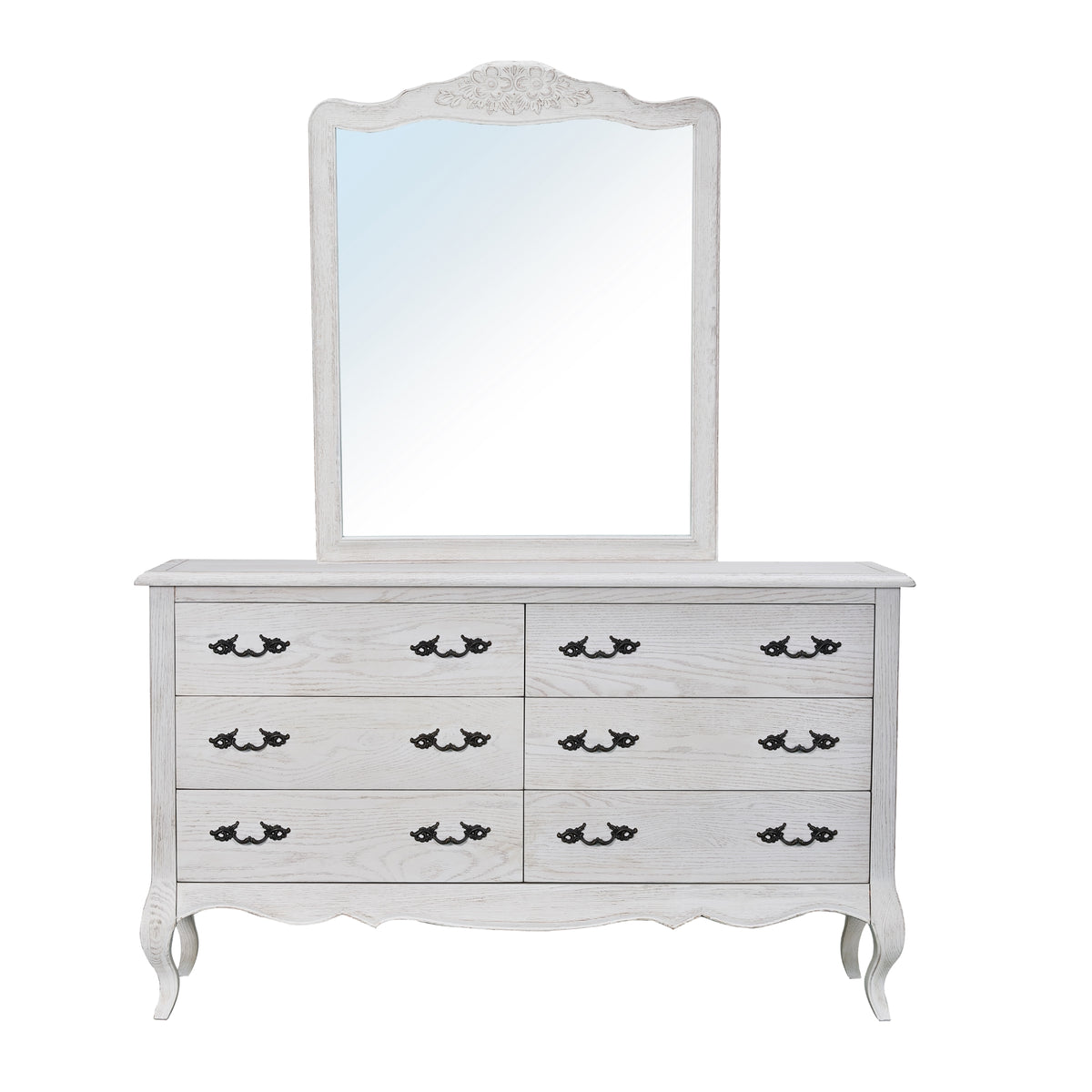 Alice Dresser Mirror 6 Chest of Drawers Tallboy Storage Cabinet Distressed White