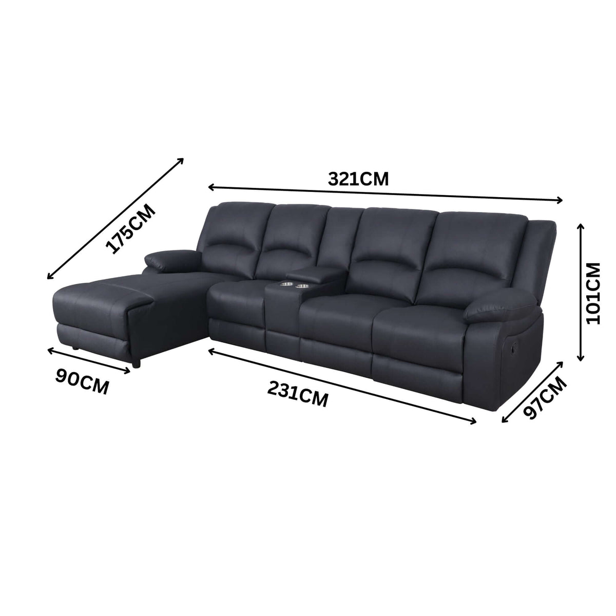 Anderson 3 Seater Fabric Manual Recliner Sofa Lounge LHF Chaise Set Onyx