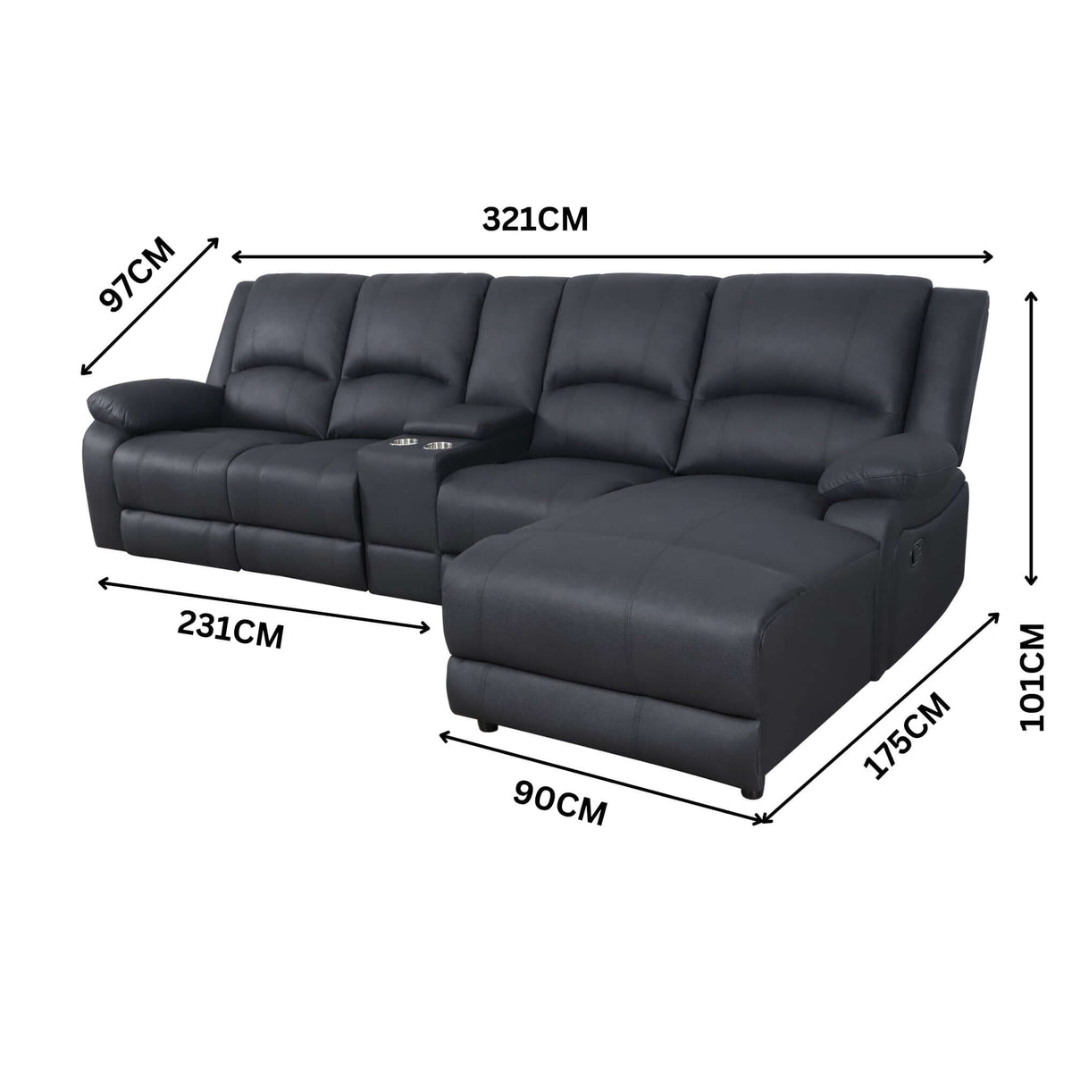 Anderson 3 Seater Fabric Manual Recliner Sofa Lounge RHF Chaise Set Onyx