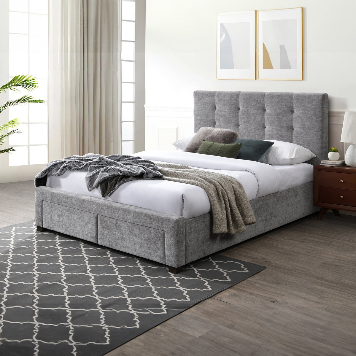 Anko Fabric Queen Bed Frame Storage Drawer Grey