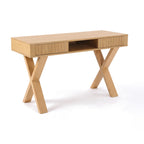 Arden 140cm Home Office Desk Natural, three-quarter view on a white background showing the crossed legs, two fluted drawer fronts and a centre open shelf