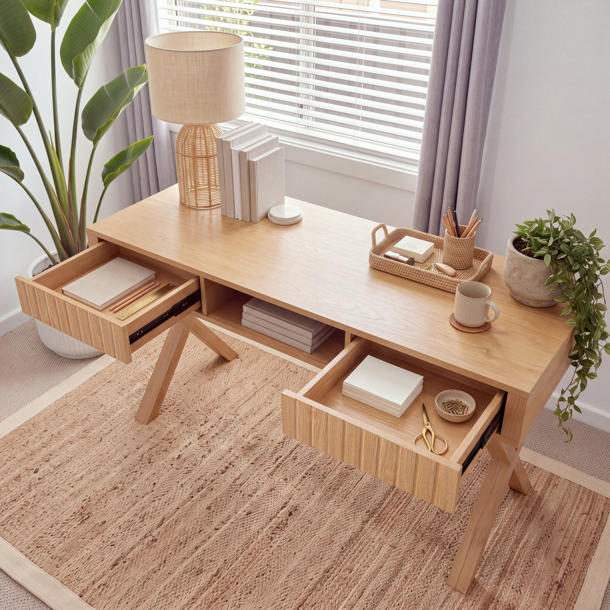 Arden 140cm Home Office Desk Natural seen from above with both drawers open