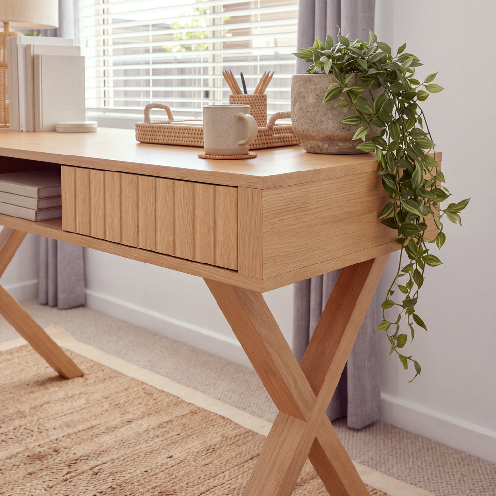 Arden 140cm Home Office Desk Natural, close-up of a fluted drawer front and a crossed leg