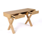 Arden 140cm Home Office Desk Natural with both drawers open on metal runners, on a white background