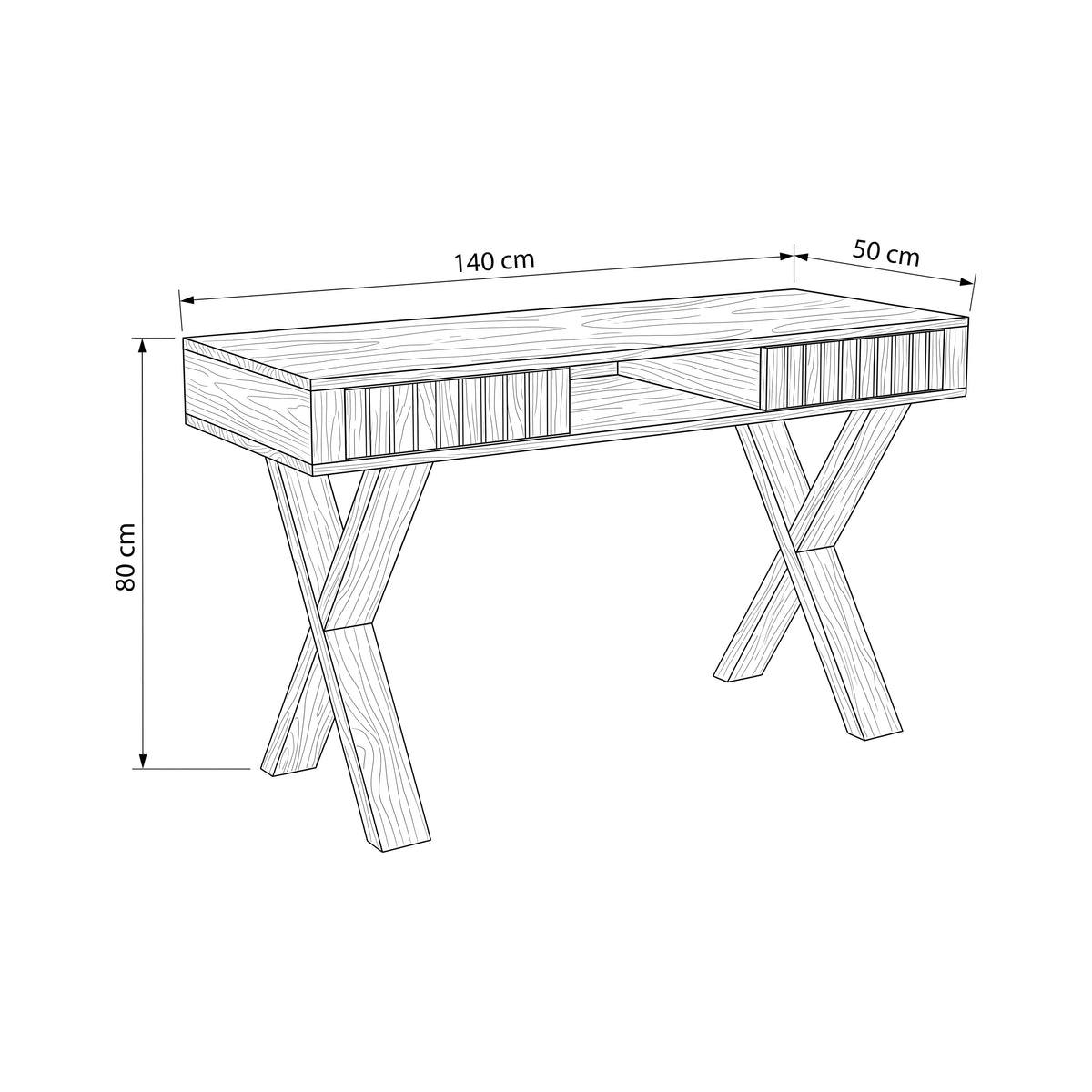 Arden 140cm Home Office Desk Natural, dimension drawing: 140 cm wide, 50 cm deep, 80 cm high