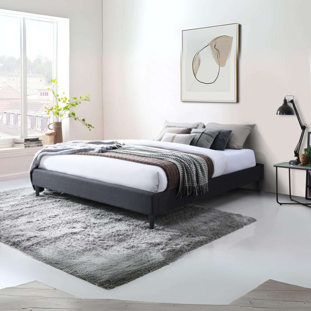 Arte Bed Frame Fabric Mattress Platform Base  Mid Grey King 