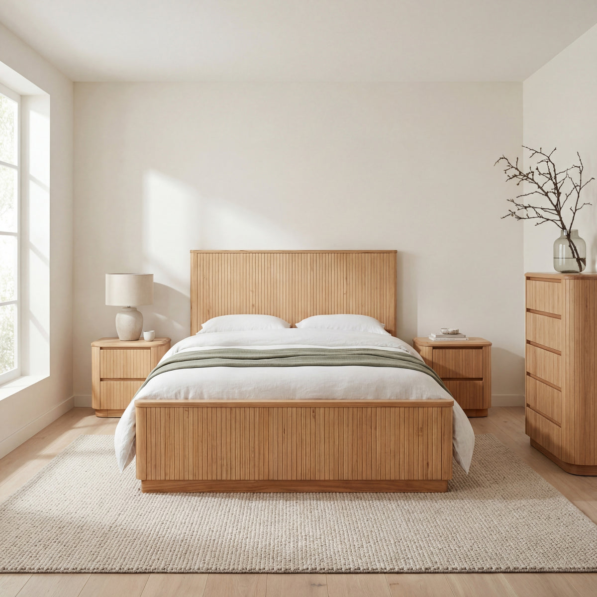 Arushi 4pc King Bedroom Set Bed Frame Tallboy Bedside Table Natural