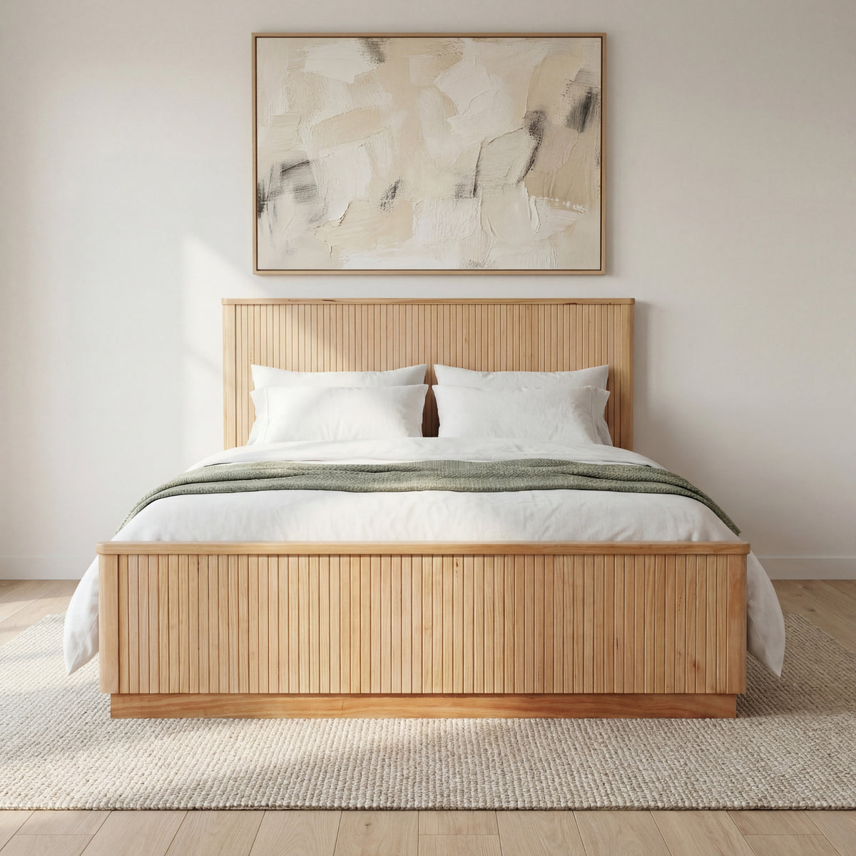 Arushi 4pc Queen Bedroom Set Bed Frame Tallboy Bedside Table Natural