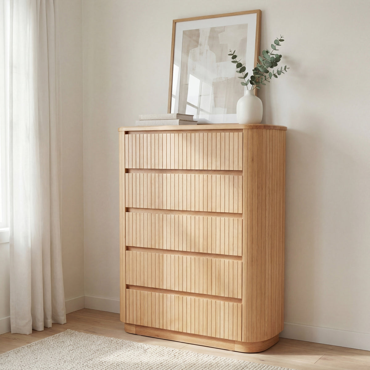 Arushi 4pc Queen Bedroom Set Bed Frame Tallboy Bedside Table Natural