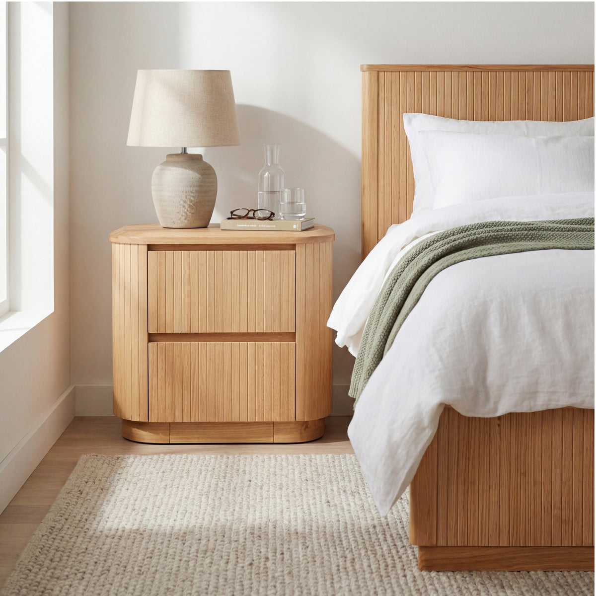 Arushi 4pc Queen Bedroom Set Bed Frame Tallboy Bedside Table Natural