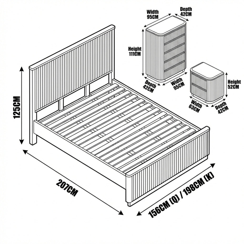 Arushi 4pc Queen Bedroom Set Bed Frame Tallboy Bedside Table Natural