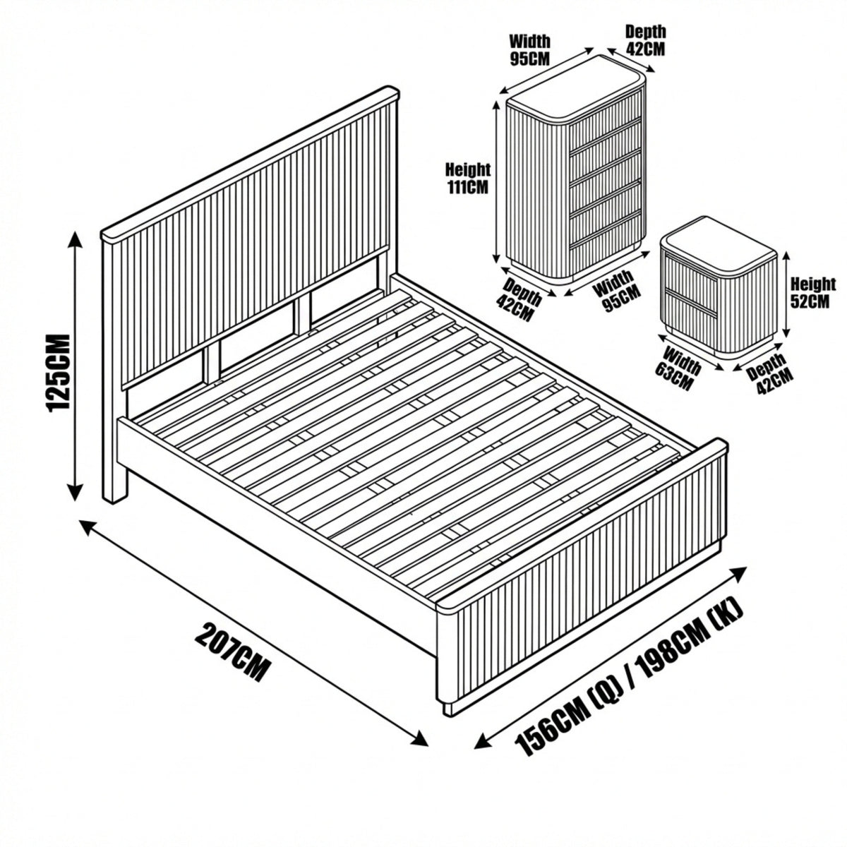 Arushi 4pc Queen Bedroom Set Bed Frame Tallboy Bedside Table Natural