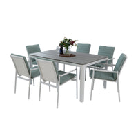 Astro 7pc Set 160cm Aluminium Outdoor Dining Table Polystone Top 6 Chair White