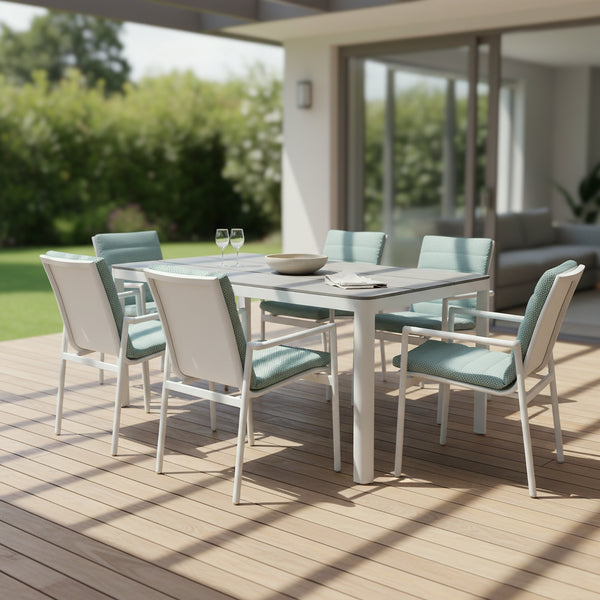 Astro 7pc Set 160cm Aluminium Outdoor Dining Table Polystone Top 6 Chair White
