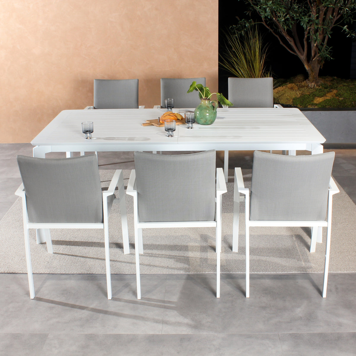 Ataman 7pc Set Outdoor Dining 200-300cm Extension Aluminium Table 6 Chair White