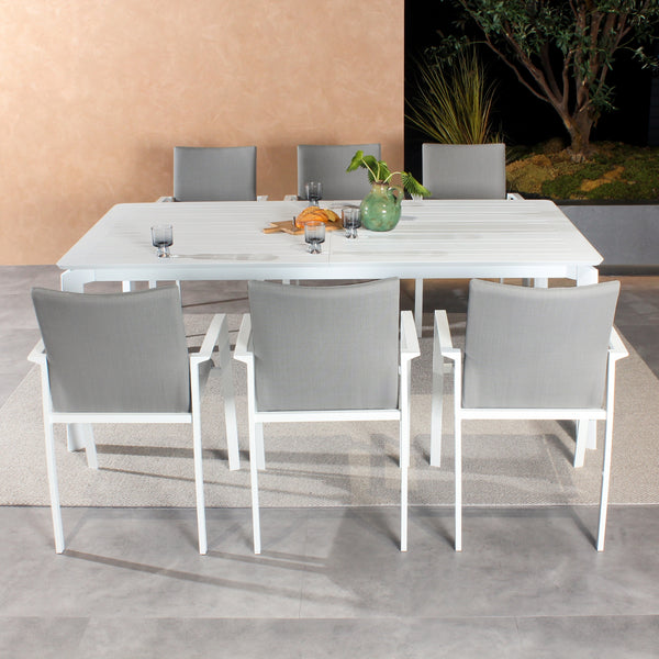 Ataman 7pc Set Outdoor Dining 200-300cm Extension Aluminium Table 6 Chair White