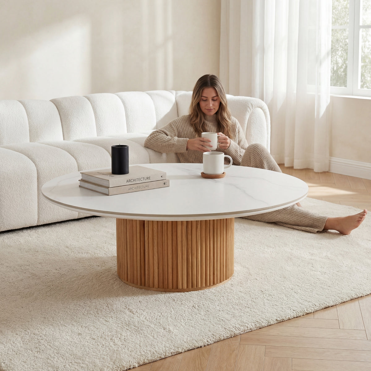 Avila 110cm Flute Round Coffee Table Ceramic Stone Top Natural