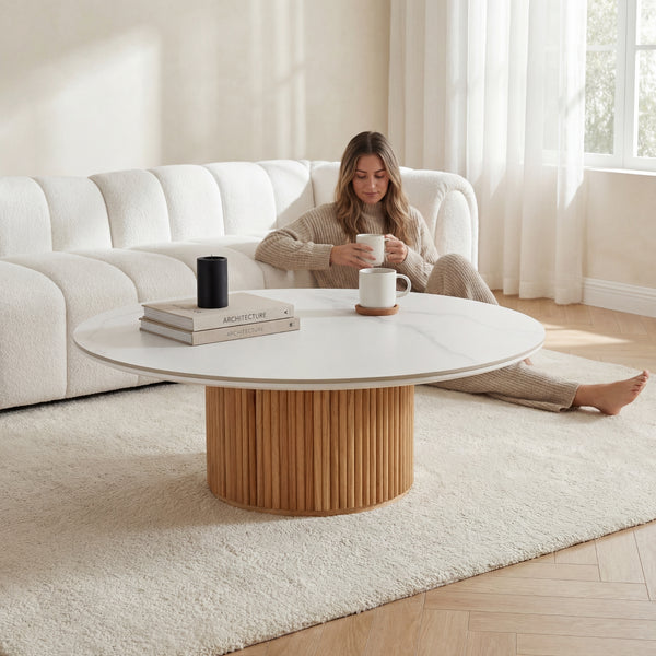 Avila 110cm Flute Round Coffee Table Ceramic Stone Top Natural