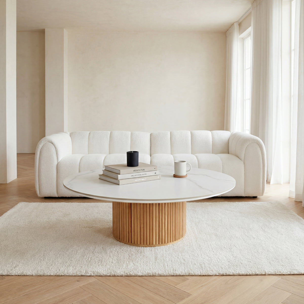 Avila 110cm Flute Round Coffee Table Ceramic Stone Top Natural