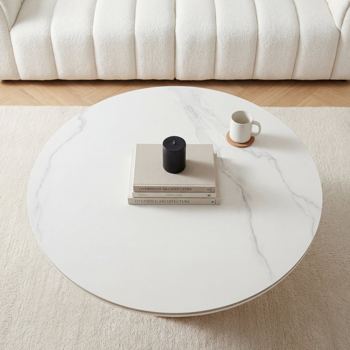 Avila 110cm Flute Round Coffee Table Ceramic Stone Top Natural