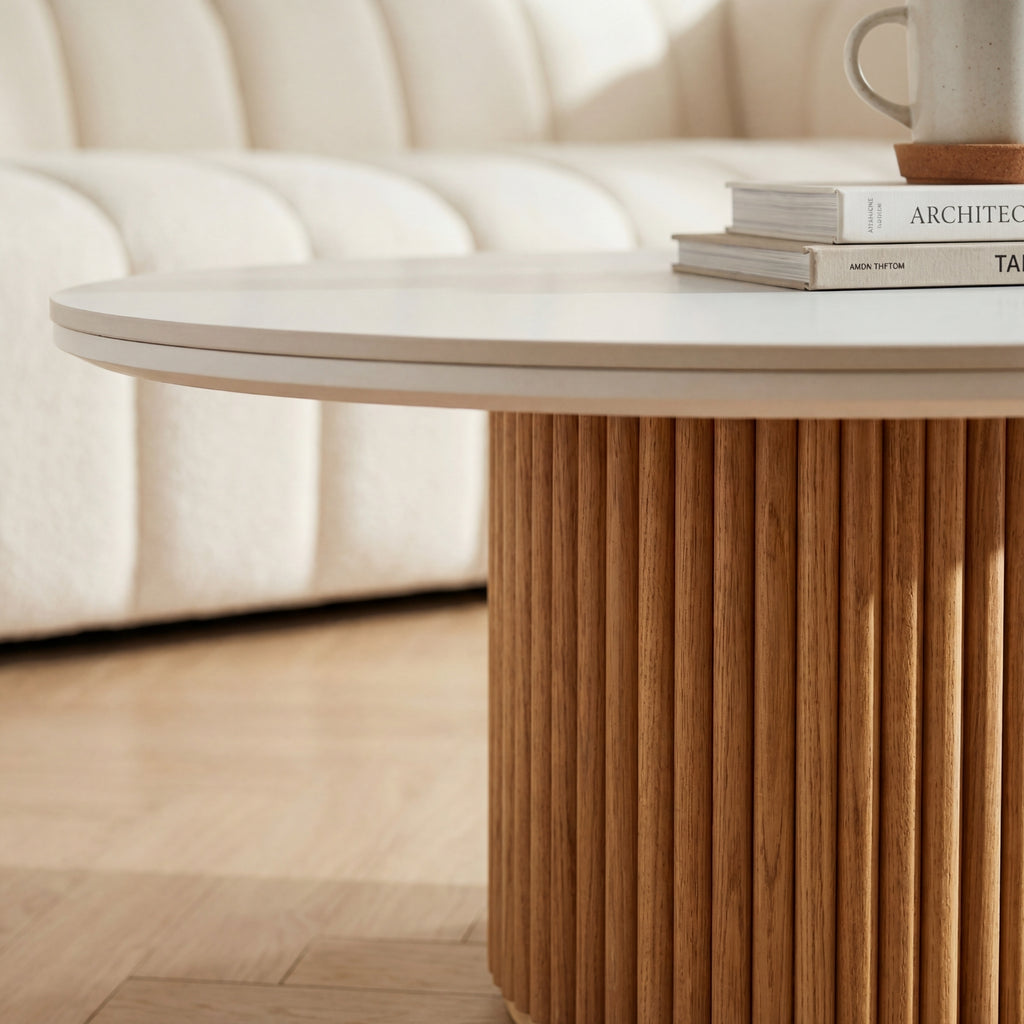 Avila 110cm Flute Round Coffee Table Ceramic Stone Top Natural