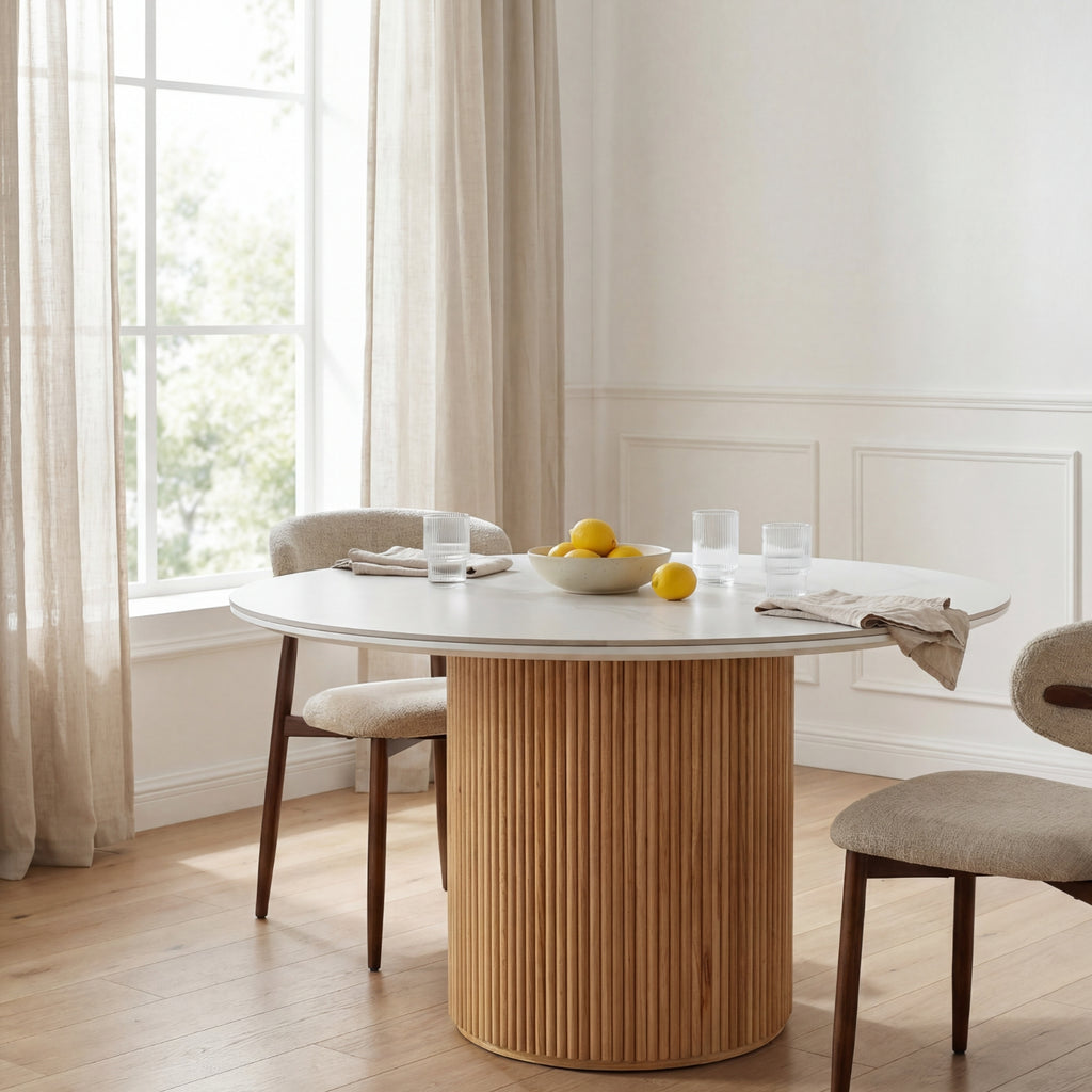 Avila 150cm Flute Round Dining Table Ceramic Stone Top Natural
