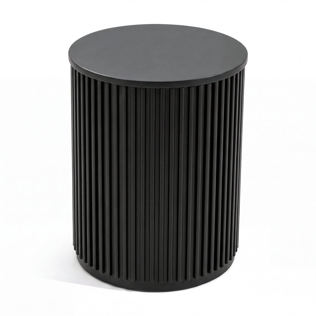 Ayla Fluted 40cm Round Side Table Black, three-quarter view on a white background showing the fluted drum and round top