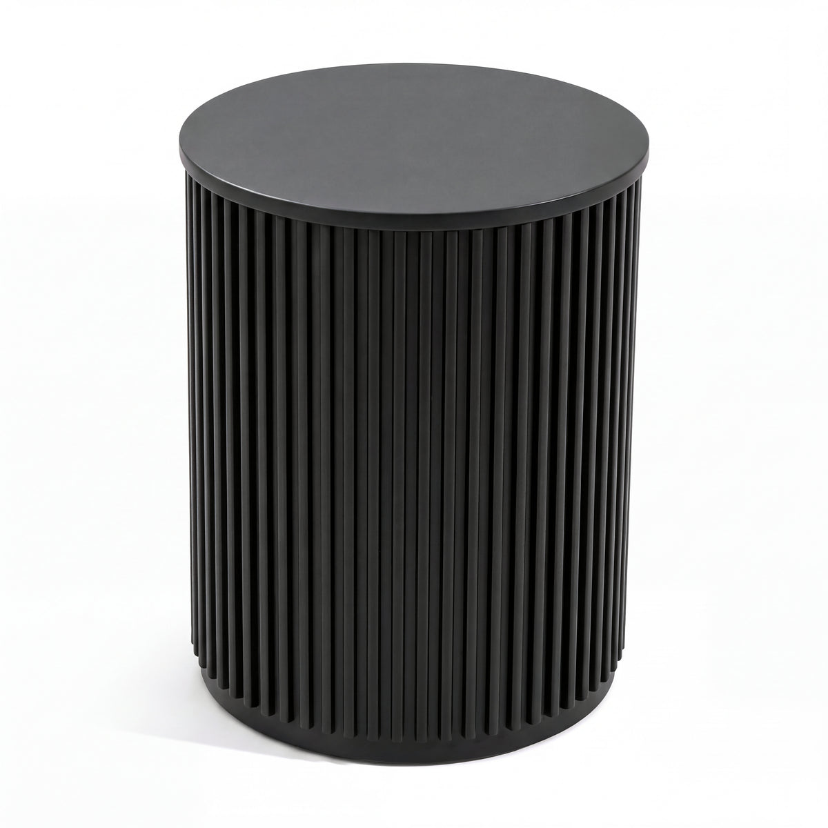 Ayla Fluted 40cm Round Side Table Black, three-quarter view on a white background showing the fluted drum and round top