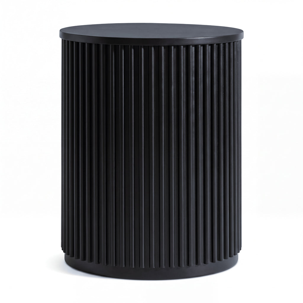 Ayla Fluted 40cm Round Side Table Black, front view on a white background showing the vertical flutes
