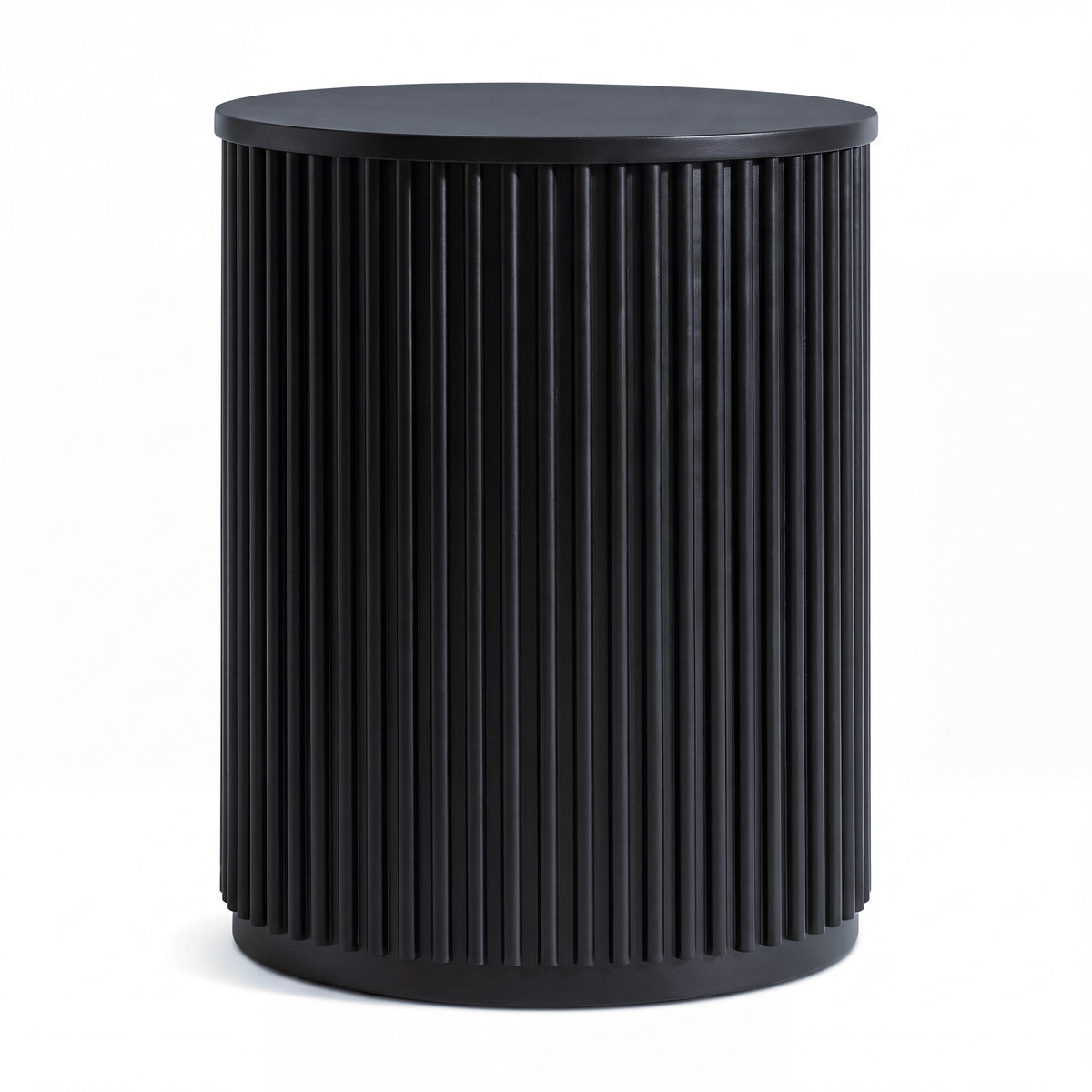 Ayla Fluted 40cm Round Side Table Black, front view on a white background showing the vertical flutes