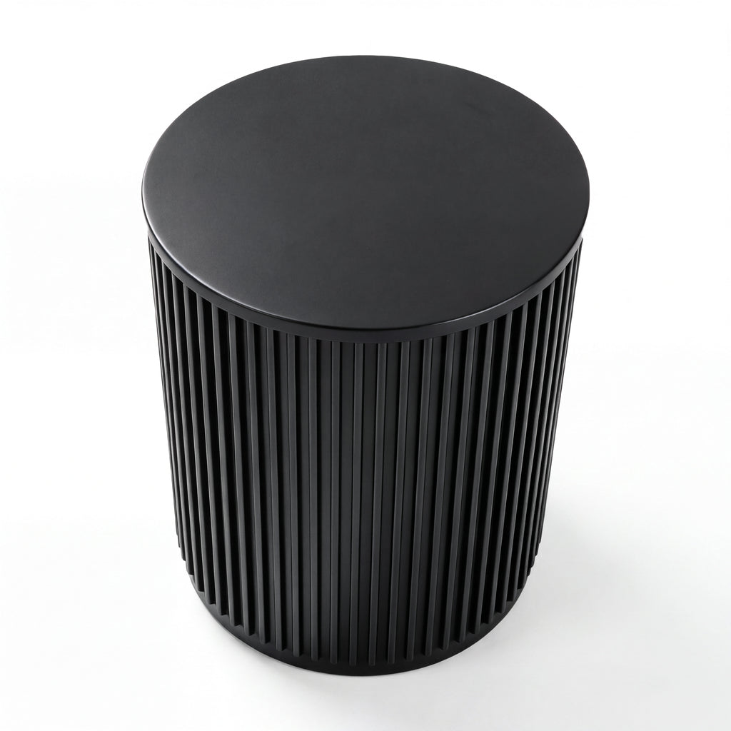 Ayla Fluted 40cm Round Side Table Black, high three-quarter view on a white background showing the round top