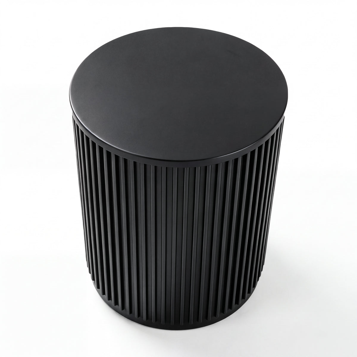 Ayla Fluted 40cm Round Side Table Black, high three-quarter view on a white background showing the round top