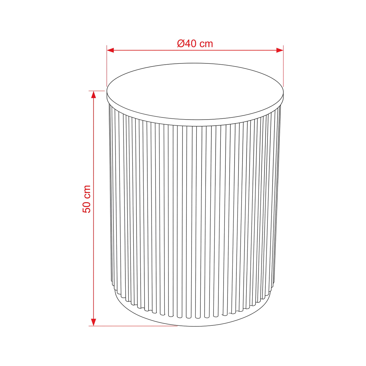 Ayla Fluted 40cm Round Side Table Black, dimension drawing: 40 cm diameter, 50 cm high