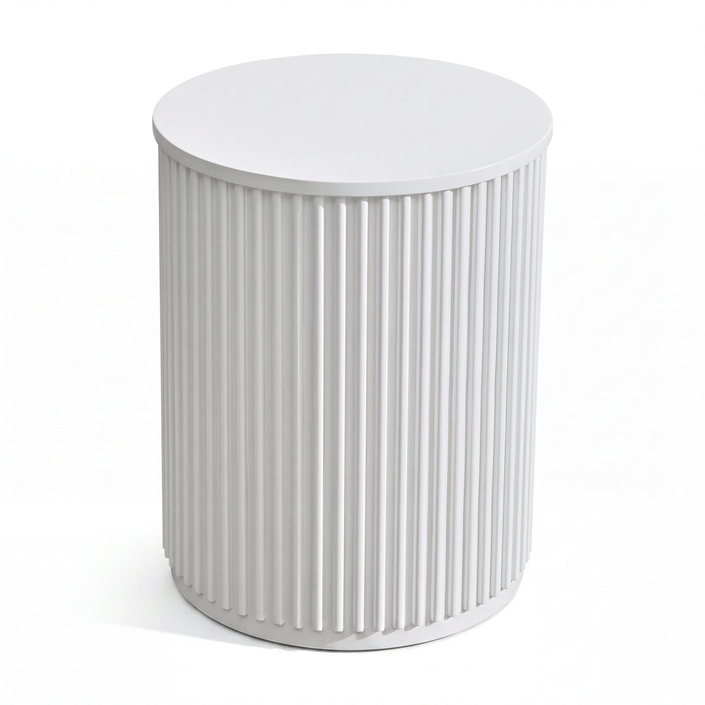 Ayla Fluted 40cm Round Side Table White, three-quarter view on a white background showing the fluted drum and round top