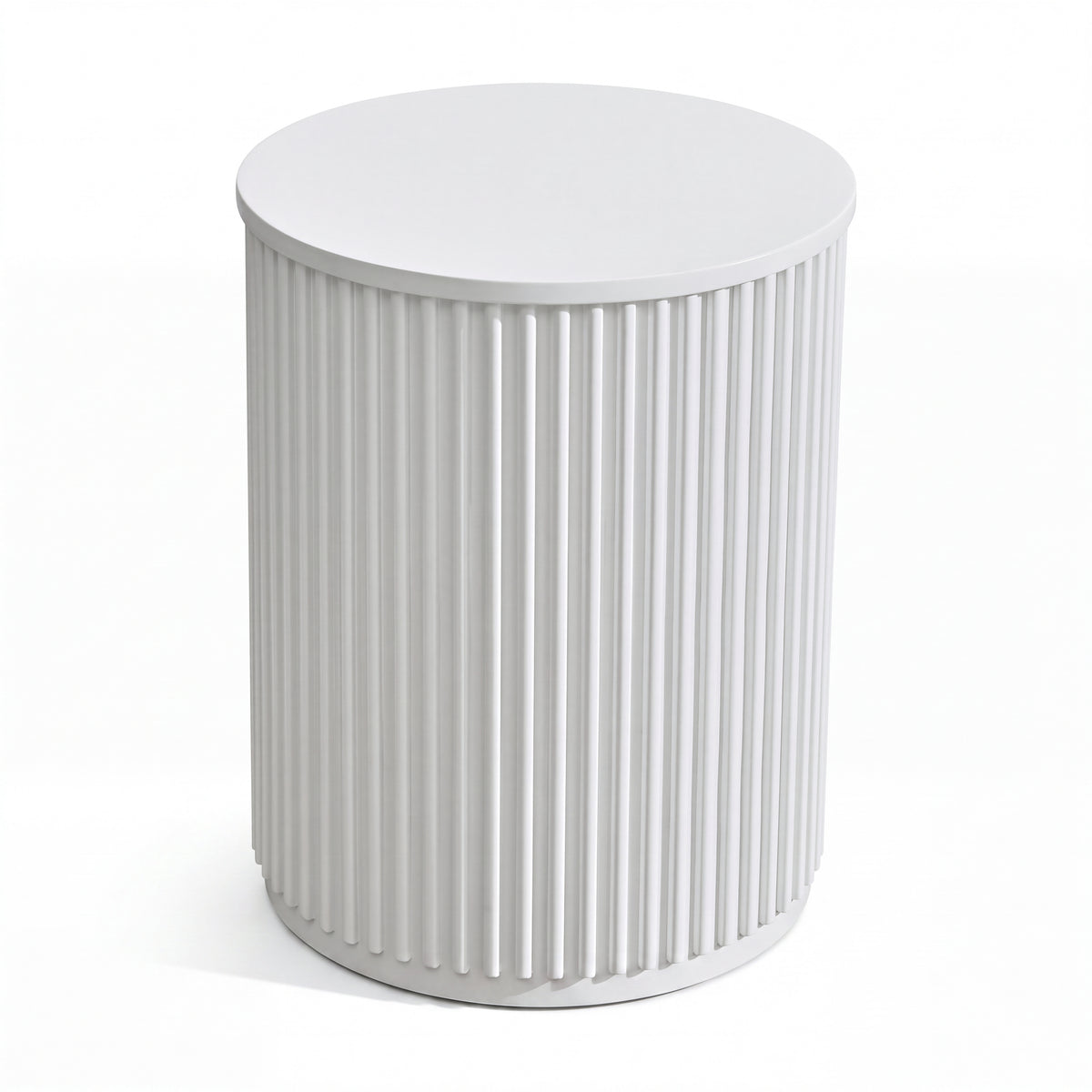 Ayla Fluted 40cm Round Side Table White, three-quarter view on a white background showing the fluted drum and round top