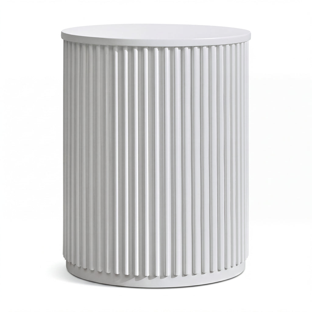 Ayla Fluted 40cm Round Side Table White, front view on a white background showing the vertical flutes