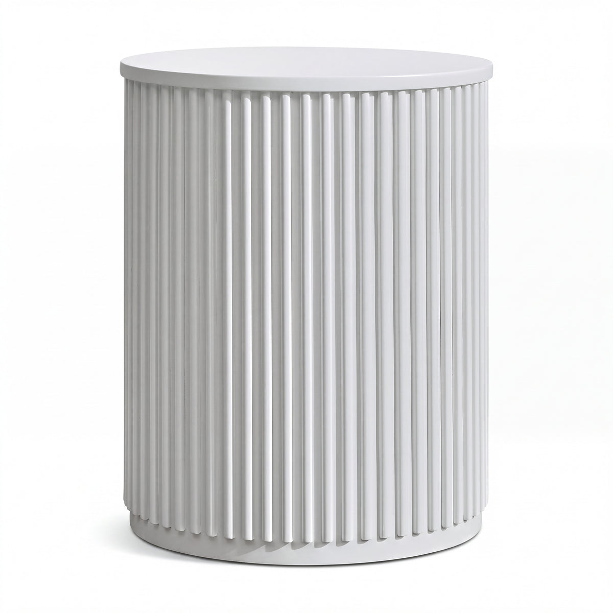 Ayla Fluted 40cm Round Side Table White, front view on a white background showing the vertical flutes