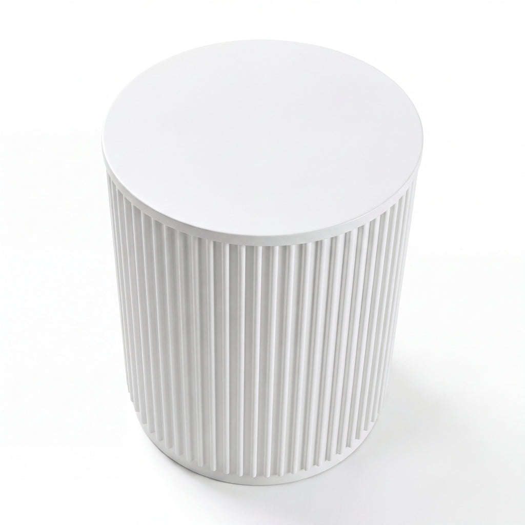 Ayla Fluted 40cm Round Side Table White, high three-quarter view on a white background showing the round top