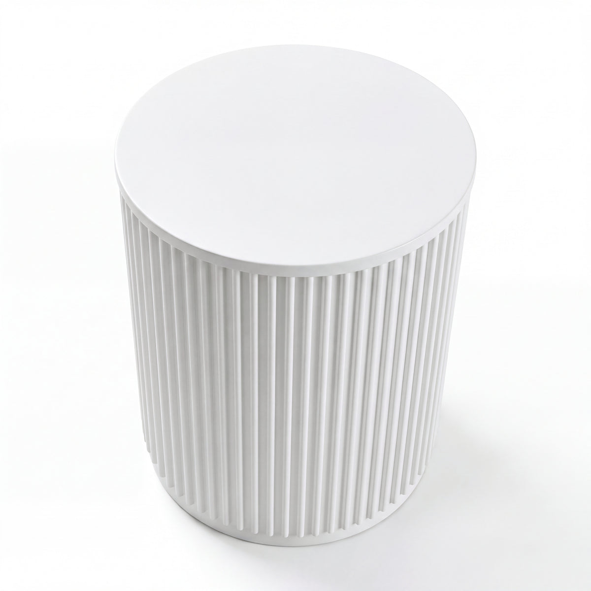 Ayla Fluted 40cm Round Side Table White, high three-quarter view on a white background showing the round top