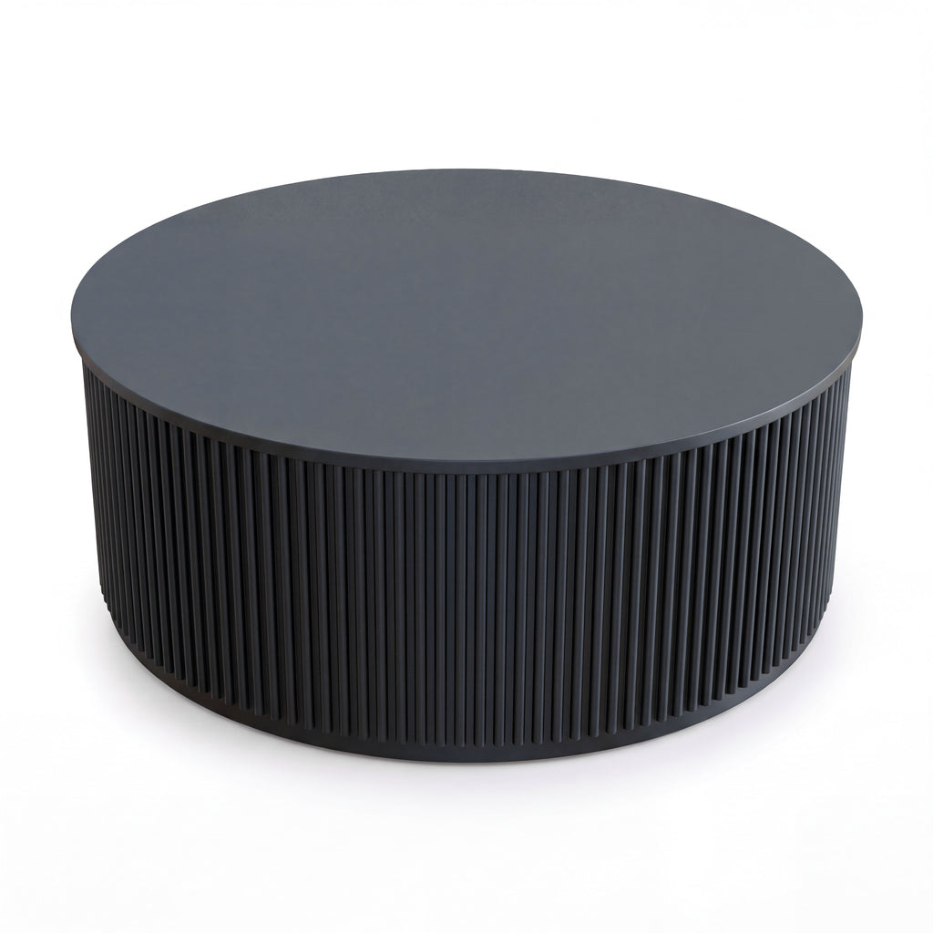 Ayla Fluted 90cm Round Coffee Table Black, three-quarter view on a white background showing the fluted drum and round top