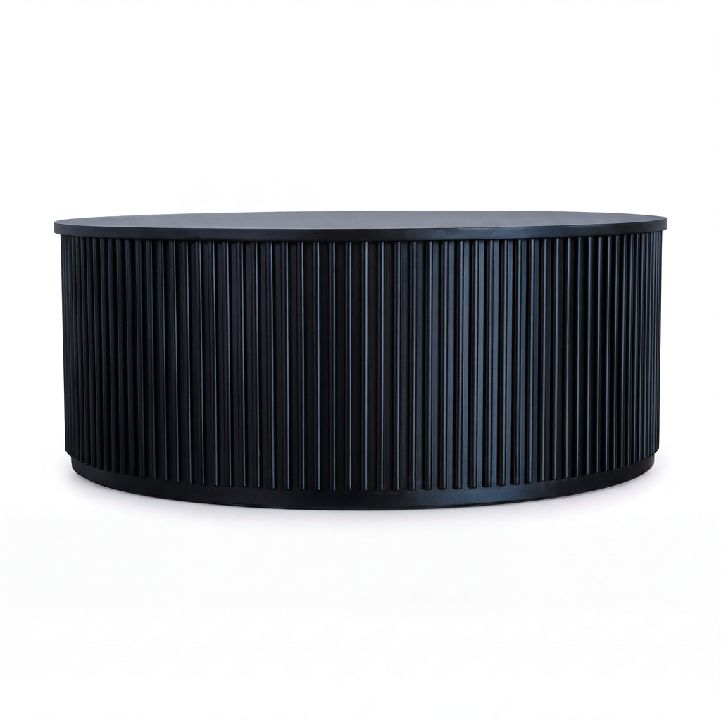 Ayla Fluted 90cm Round Coffee Table Black, front view on a white background showing the vertical flutes